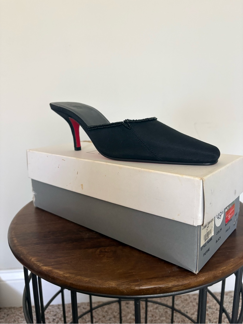 LOFT Black Slip-On Mule Heels with Red Accent Sole